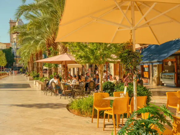 Café terrace with yellow parasols and palm trees on Plaza de la Reina in Valencia