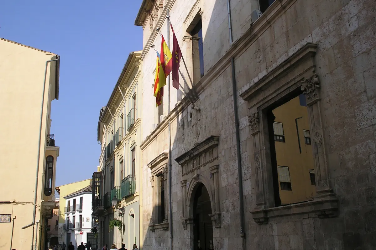Historic stone façade of Alzira's town hall with Spanish and Valencian flags, on a sunny street in the old town