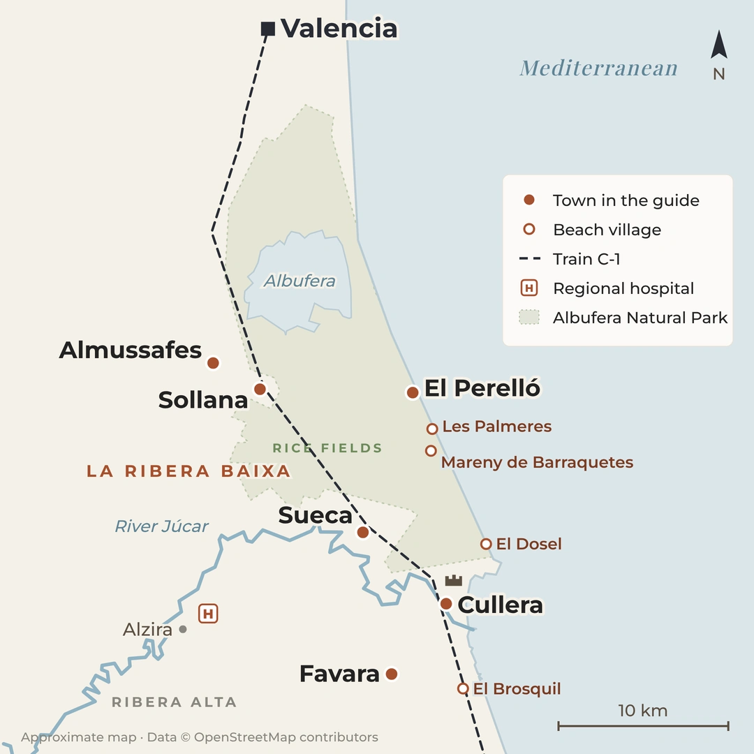 Map of the Ribera Baixa south of Valencia, showing Cullera, Sueca, El Perelló, Favara, Sollana and Almussafes, the beach villages, the Albufera Natural Park and the C-1 train line